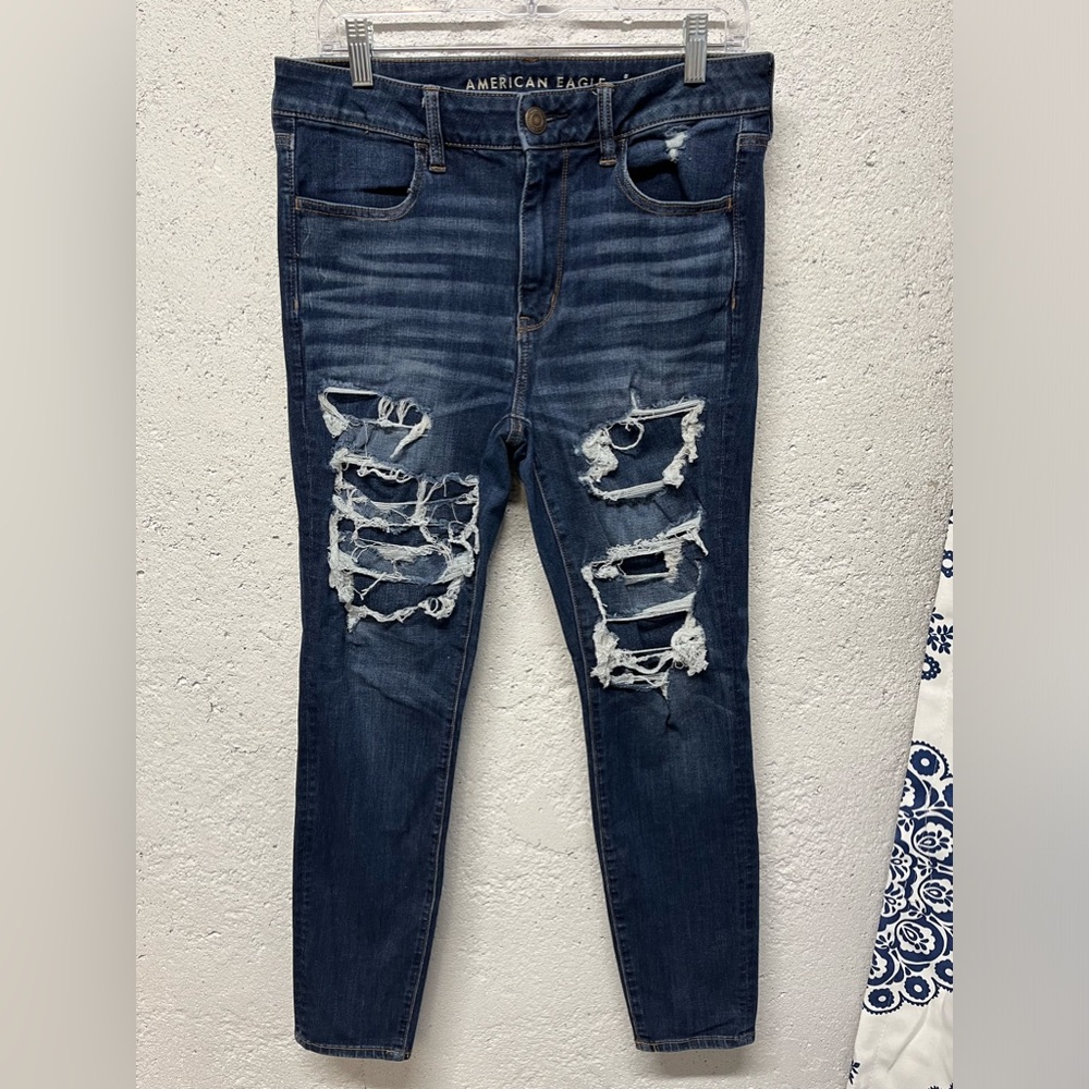 American Eagle High Rise Jegging Shadow Patched Blues Size 12